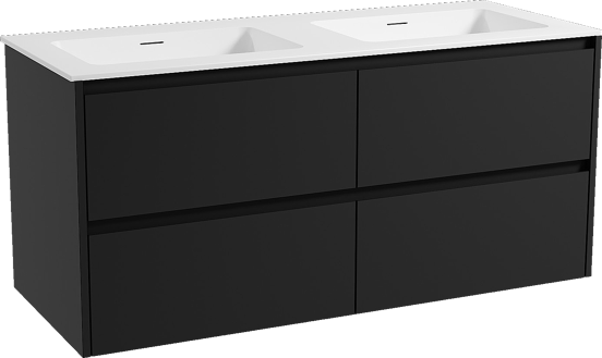 Storke Seda zwevend badmeubel 130 x 52 cm mat zwart met Mata dubbele wastafel in solid surface mat wit