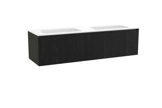 Balmani Fila hängendes Möbelstück Set: 180 x 55 cm, Schwarze Eiche, mit Tablo Strada Doppelwaschtisch, Marmorkomposit, Weiß matt, Vertikale symmetrische gerade Rippe