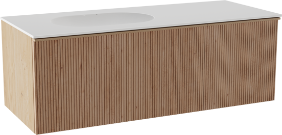 Balmani Forma meuble salle de bains suspendu 135 x 55 cm chêne naturel avec Tablo Oval vasque asymétrique gauche en solid surface blanc mat, Nervure droite symétrique verticale
