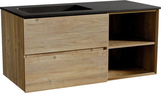 Storke Edge zwevend badmeubel 110 x 52 cm ruw eiken met Scuro asymmetrisch linkse wastafel in kwarts mat zwart