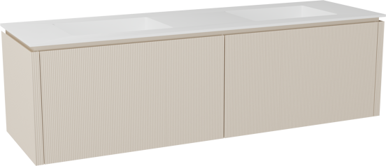 Balmani Eclips zwevend badkamermeubel 180 x 55 cm Sandbeige met Tablo Stretto dubbele wastafel in Solid Surface mat wit, Verticale symmetrische rechte ribbel