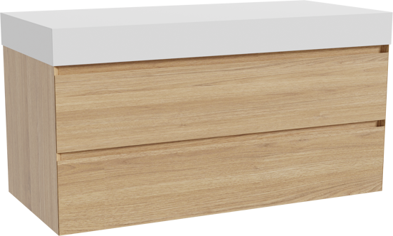Balmani Mitra zwevend badkamermeubel 120 x 55 cm natuur eik met Dominus enkel of dubbel tablet in solid surface mat wit