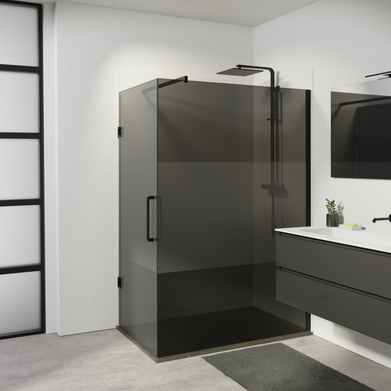 Balmani Modular douchecabine met draaideur met vaste zijwand 136 x 84 cm grijs glas met matte strook en mat zwart profiel