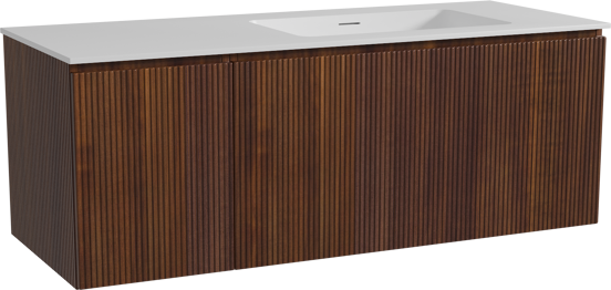 Storke Ribs zwevend badkamermeubel 130 x 52 cm notelaar met Mata asymmetrisch rechtse wastafel in solid surface mat wit, Verticale symmetrische rechte ribbel