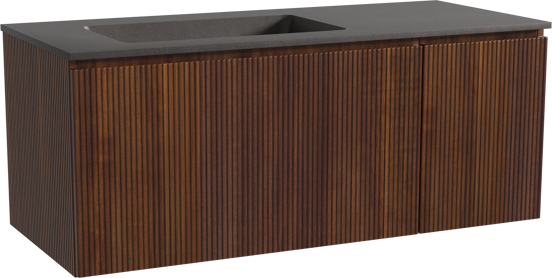 Storke Ribs zwevend badmeubel 120 x 52 cm notenhout met Scuro asymmetrisch linkse wastafel in kwarts mat zwart, Verticale symmetrische rechte ribbel
