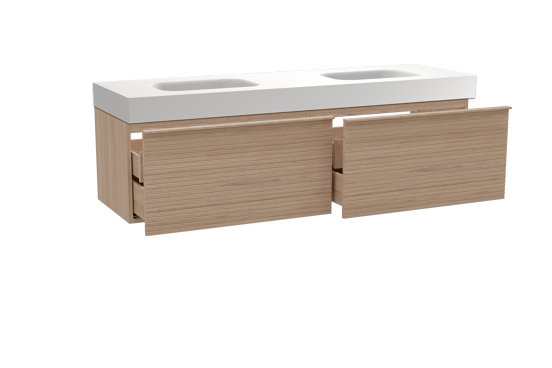 Balmani Forma zwevend badkamermeubel 180 x 55 cm natuur eik met Arcato dubbele wastafel in solid surface mat wit, Horizontale symmetrische rechte ribbel