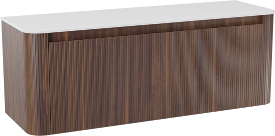 Storke Soft meuble salle de bains suspendu 140 x 46 cm noyer avec Tavola Soft tablette simple ou double vasque en Solid Surface blanc mat, Nervure droite symétrique verticale