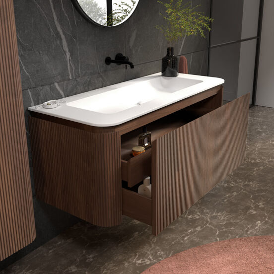 Balmani Moon zwevend badkamermeubel 130 x 55 cm amerikaanse notelaar met Moon enkel of dubbel tablet in solid surface mat wit, Verticale symmetrische rechte ribbel