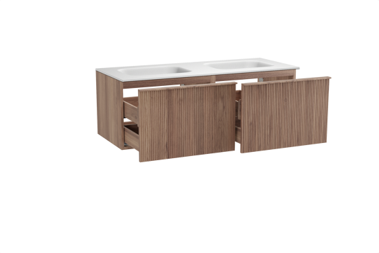 Balmani Forma zwevend badkamermeubel 135 x 55 cm teak met Tablo Arcato dubbele wastafel in solid surface mat wit, Verticale symmetrische rechte ribbel