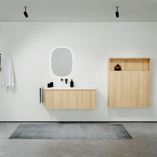 Balmani Idra hängendes Möbelstück Set: 120 x 55 cm, Naturbelassene Eiche, mit Tablo Arcato Waschtisch links, Solid Surface Weiß matt