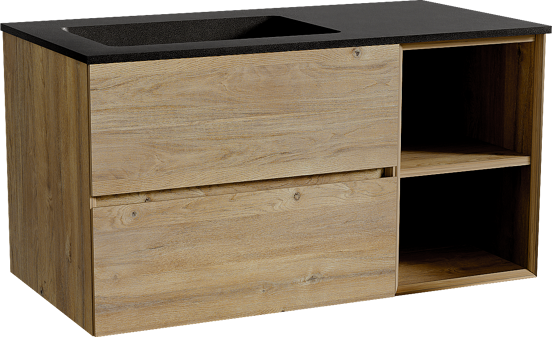 Storke Edge meuble salle de bains suspendu 100 x 52 cm chêne brut avec Scuro plan vasque asymétrique à gauche en quartz noir mat