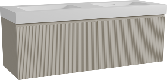 Storke Ribs zwevend badmeubel 150 x 52 cm zijdegrijs met Mata High dubbele wastafel in solid surface mat wit, Verticale symmetrische rechte ribbel