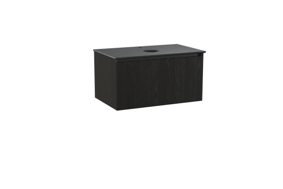 Balmani Fila hängendes Möbelstück Set: 90 x 55 cm, Schwarze Eiche, mit Facetta Einzel Waschtischplatte, Granit, Schwarzes Granit, Vertikale symmetrische gerade Rippe
