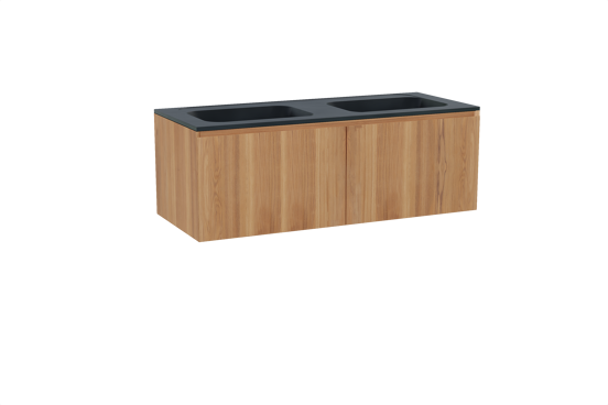 Balmani Idra hängendes Möbelstück Set: 135 x 55 cm, Teak, mit Tablo Strada Doppelwaschtisch, Marmorkomposit Schwarz matt