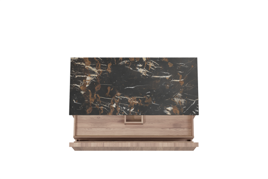 Balmani Forma hängendes Möbelstück Set: 120 x 55 cm, Teak, mit Stretto Einzel Waschtischplatte, Marmor, Portoro Gold, Vertikale symmetrische gerade Rippe