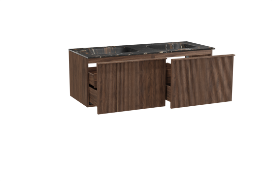 Balmani Forma zwevend badkamermeubel 135 x 55 cm amerikaanse notelaar met Tablo Arcato dubbele wastafel in marmer portoro gold, Verticale symmetrische rechte ribbel