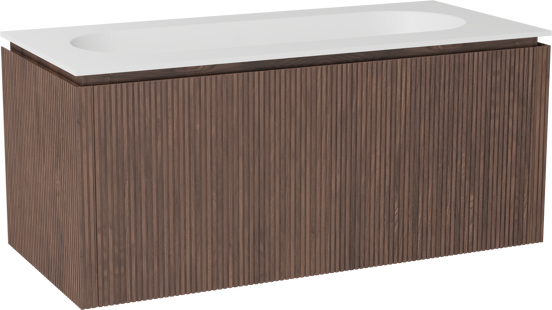 Balmani Eclips zwevend badkamermeubel 120 x 55 cm Amerikaanse notelaar met Tablo Oval enkele wastafel in Solid Surface mat wit, Verticale symmetrische rechte ribbel