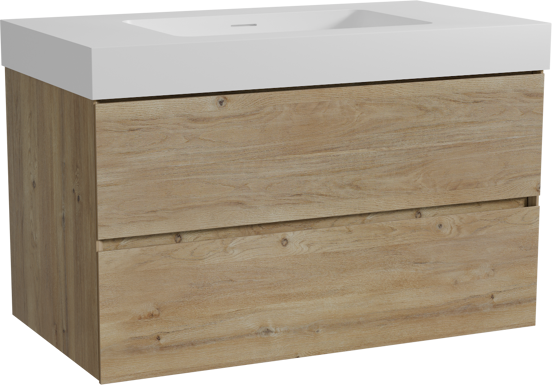 Storke Edge zwevend badkamermeubel 95 x 52 cm ruwe eik met Mata High enkele wastafel in solid surface mat wit