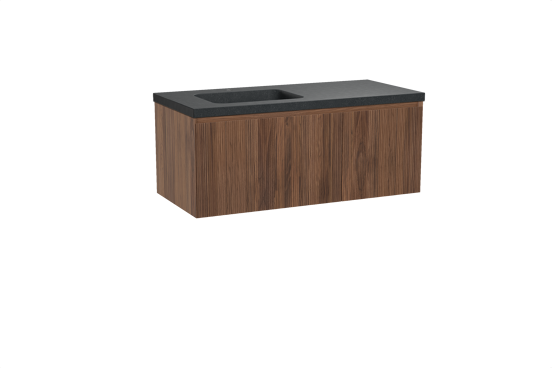 Balmani Fila hängendes Möbelstück Set: 120 x 55 cm, Nussbaum, mit Napoli Waschtisch links, Granit, Schwarzes Granit, Vertikale symmetrische gerade Rippe