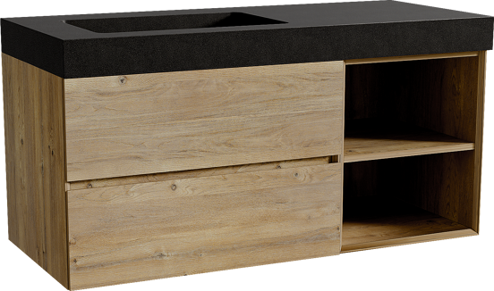 Storke Edge meuble salle de bains suspendu 120 x 52 cm chêne brut avec Scuro High vasque asymétrique gauche en quartz noir mat