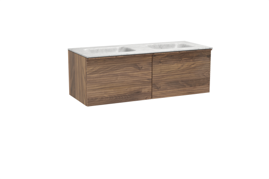 Balmani Forma zwevend badkamermeubel 135 x 55 cm amerikaanse notelaar met Tablo Arcato dubbele wastafel in marmer carrara, Horizontale symmetrische rechte ribbel