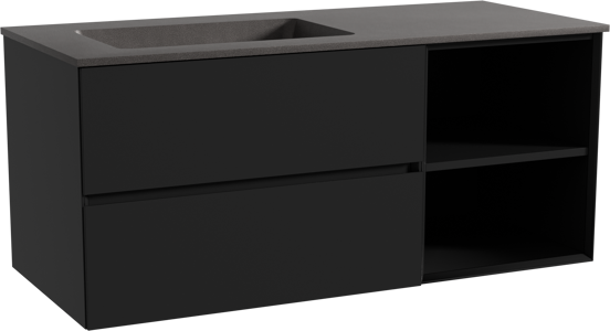 Storke Edge zwevend badmeubel 120 x 52 cm mat zwart met Scuro asymmetrisch linkse wastafel in kwarts mat zwart