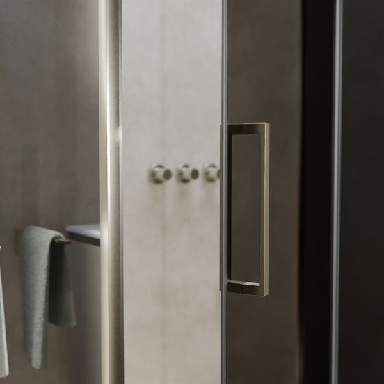 Balmani Senses Design douche en coin avec porte pivotante à droite et paroi latérale fixe, 140 x 80 cm, Verre fumé, Profil Brushed CoolMetal, coating inclus