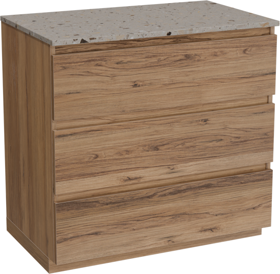 Balmani Lucida freistehendes Möbelstück Set: 90 x 55 cm, Teak, mit Stretto Einzel Waschtischplatte, Terrazzo in Greige