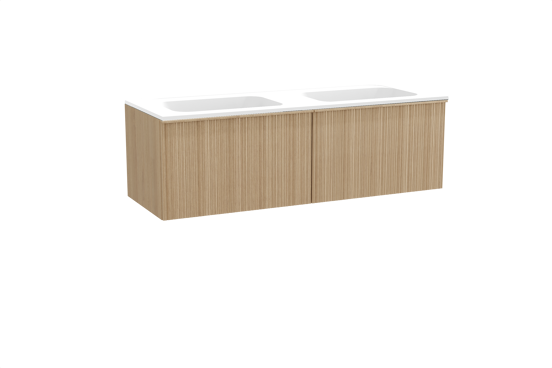 Balmani Forma zwevend badkamermeubel 150 x 55 cm natuur eik met Tablo Strada dubbele wastafel in composietmarmer mat wit, Verticale asymmetrische ronde ribbel