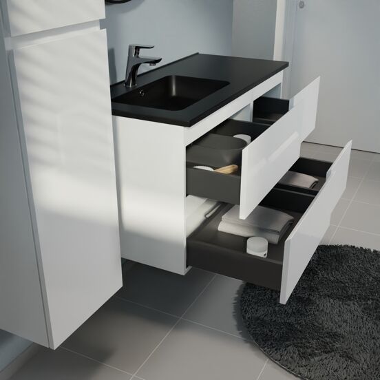 Linie Lado meuble salle de bains suspendu 100 x 46 cm blanc brillant avec Vano plan vasque asymétrique à gauche en marbre composite noir mat