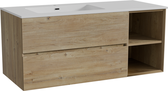 Storke Edge meuble salle de bains suspendu 120 x 52 cm chêne brut avec Diva plan vasque asymétrique à gauche en marbre composite blanc brillant