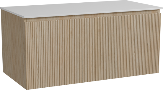 Storke Ribs hängendes Möbelstück Set: 105 x 52 cm, Rohe Eiche, mit Tavola Einzel Waschtischplatte, Solid Surface, Weiß matt, Vertikale symmetrische gerade Rippe
