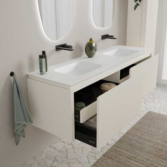 Balmani Eclips zwevend badkamermeubel 180 x 55 cm Sandbeige met Eclips dubbele wastafel in Solid Surface mat wit, Verticale symmetrische rechte ribbel