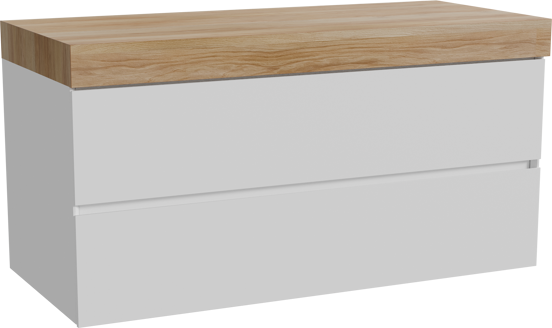 Storke Edge hängendes Möbelstück Set: 120 x 52 cm, Weiß matt, mit Kada Einzel- oder Doppel Waschtischplatte, Hochdrucklaminat (HPL) Rustikales Teak