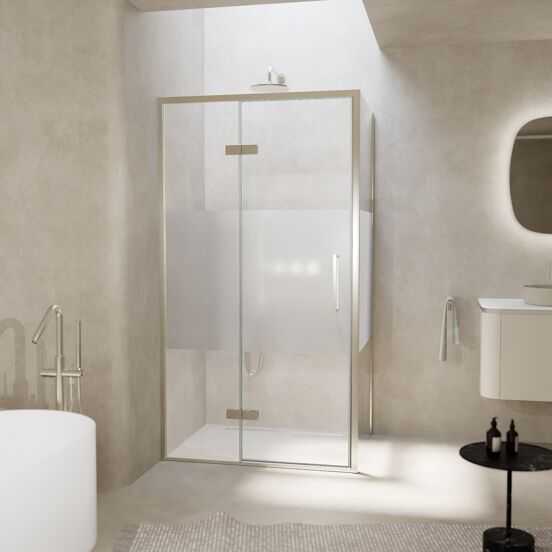 Balmani Senses Design douchehoek met linkse draaideur en vaste zijwand, 100 x 100 cm, Helder glas met matte strook, Brushed CoolMetal profielen, met coating