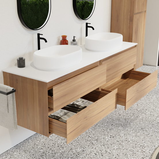 Balmani Mitra hängendes Möbelstück Set: 180 x 55 cm, Teak, mit Stretto Einzel- oder Doppel Waschtischplatte, Solid Surface Weiß matt