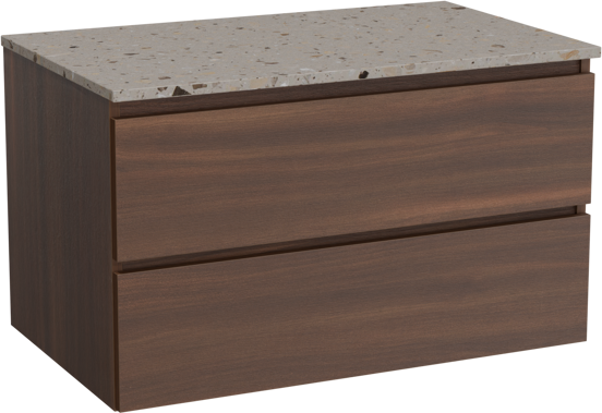 Balmani Lucida hängendes Möbelstück Set: 90 x 55 cm, Amerikanischer Nussbaum, mit Stretto Einzel Waschtischplatte, Terrazzo in Greige