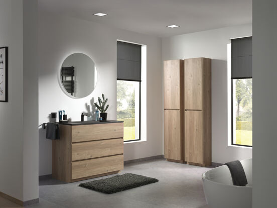 Storke Edge stehender Waschbeckenunterschrank: 105 x 52 cm, Eiche rustikal, 3 Schubladen