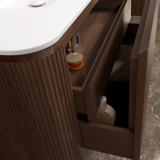 Balmani Moon meuble salle de bains suspendu 160 x 55 cm noyer américain avec Moon double vasque en solid surface blanc mat, Nervure droite symétrique verticale