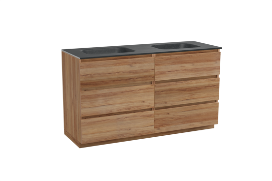 Balmani Lucida staand badkamermeubel 150 x 55 cm teak met Tablo Arcato dubbele wastafel in graniet zwart