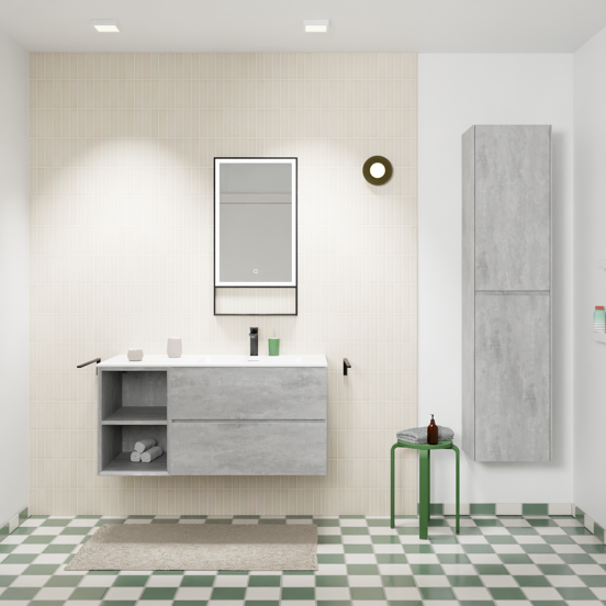 Storke Edge meuble salle de bains suspendu 110 x 52 cm béton gris foncé avec Mata plan vasque asymétrique à droite en solid surface blanc mat