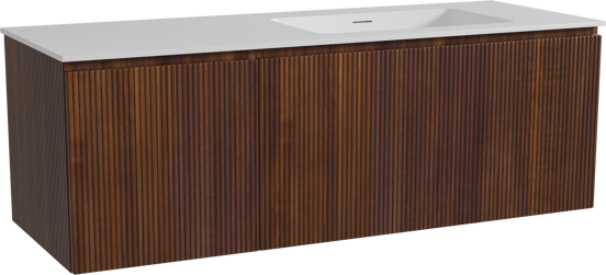 Storke Ribs zwevend badmeubel 140 x 52 cm notenhout met Mata asymmetrisch rechtse wastafel in solid surface mat wit, Verticale symmetrische rechte ribbel