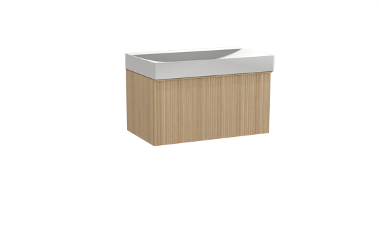 Balmani Forma zwevend badkamermeubel 90 x 55 cm natuur eik met Wave enkele wastafel in solid surface mat wit, Verticale asymmetrische ronde ribbel
