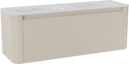 Storke Soft hängendes Möbelstück Set: 140 x 46 cm, Sand Matt, mit Mata Soft Doppelwaschtischplatte Solid Surface Weiβ matt, Vertikale symmetrische gerade Rippe