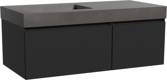Storke Edge zwevend badmeubel 110 x 52 cm mat zwart met Scuro High asymmetrisch linkse wastafel in kwarts mat zwart
