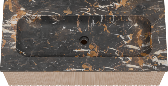Balmani Forma zwevend badkamermeubel 120 x 55 cm natuur eik met Tablo Arcato enkele wastafel voor 2 kraangaten in marmer portoro gold, Verticale asymmetrische ronde ribbel