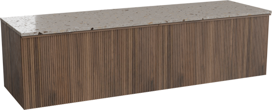 Balmani Forma hängendes Möbelstück Set: 180 x 55 cm, Amerikanischer Nussbaum, mit Stretto Einzel- oder Doppel Waschtischplatte, Terrazzo in Greige, Vertikale symmetrische gerade Rippe