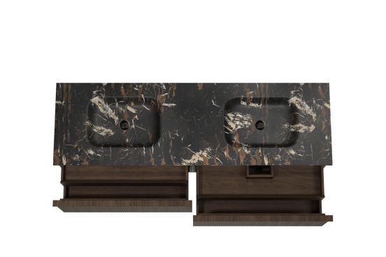 Balmani Forma hängendes Möbelstück Set: 180 x 55 cm, Geräucherte Eiche, mit Tablo Arcato Doppelwaschtisch, Marmor, Portoro Gold, Vertikale symmetrische gerade Rippe