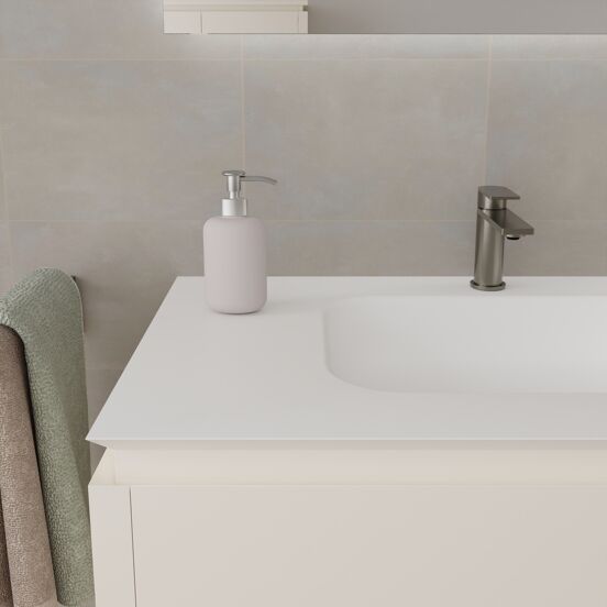 Balmani Eclips zwevend badkamermeubel 150 x 55 cm Sandbeige met Eclips dubbele wastafel in Solid Surface mat wit