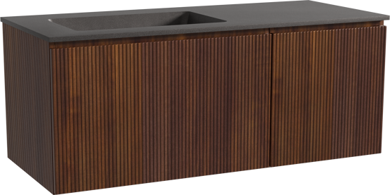 Storke Ribs zwevend badmeubel 120 x 52 cm notenhout met Scuro asymmetrisch linkse wastafel in kwarts mat zwart, Verticale symmetrische rechte ribbel